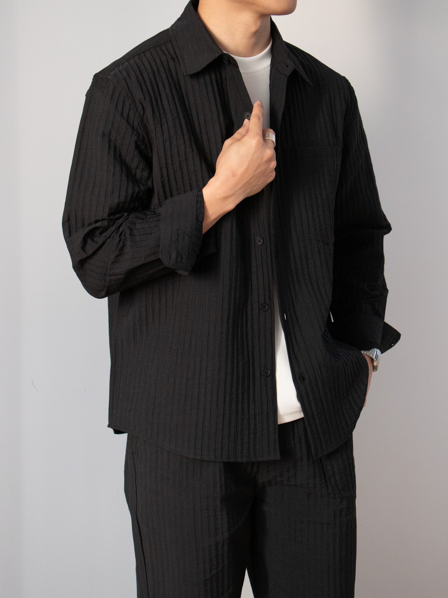Japanese-style Wood-grain Textured Shirt Set