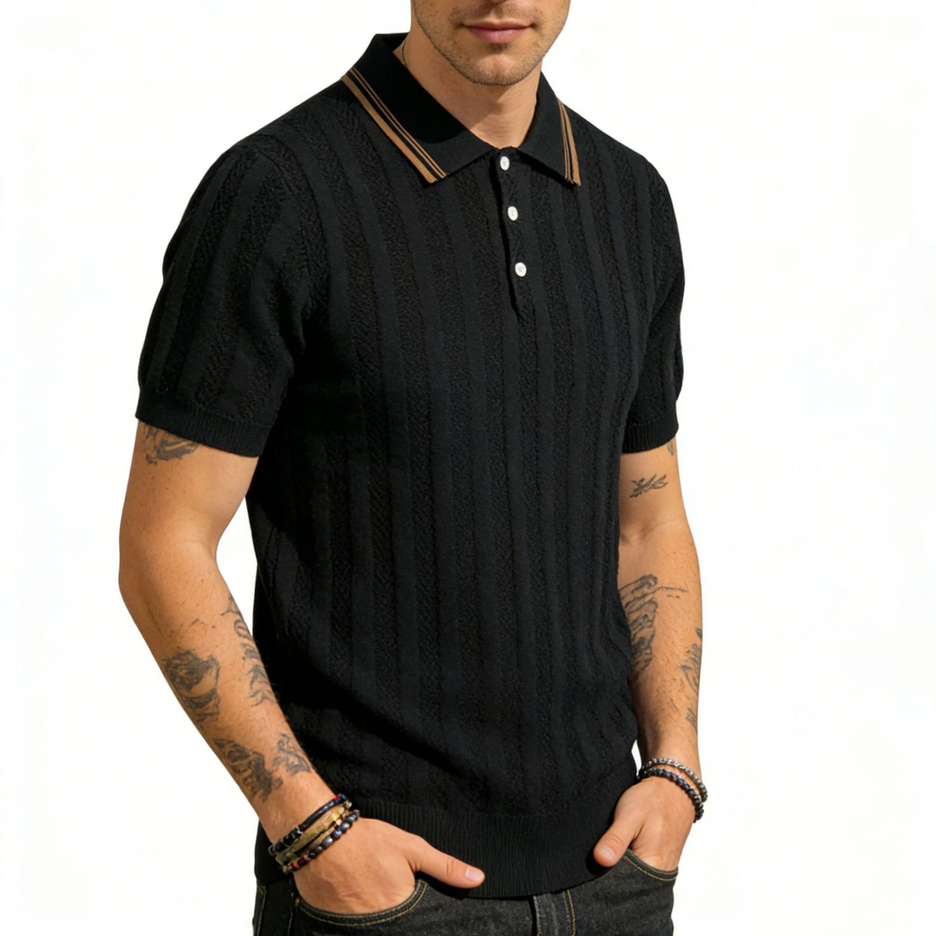 Men's Old Money Knitted Polo – Lapel Collar Slim Fit T-Shirt