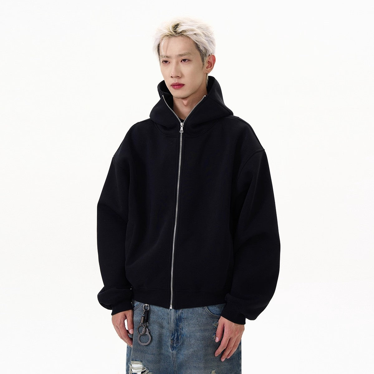 Solid-color Cardigan Hooded Sweatshirt
