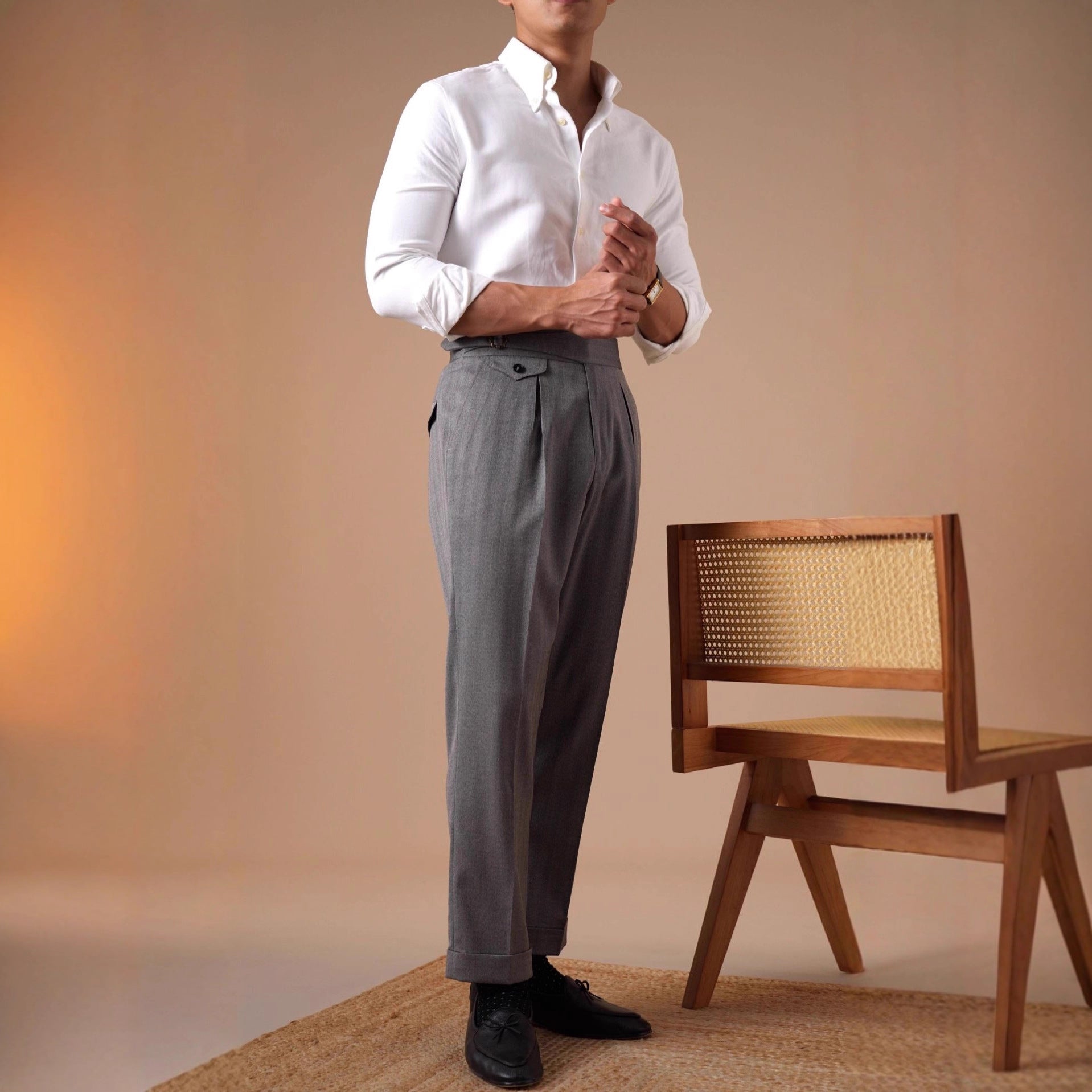 Herringbone High-Waist Single-Pleat Trousers