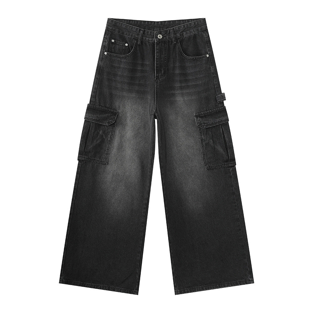 Bleached Wide-leg Multi-pocket Straight-leg Casual Pants