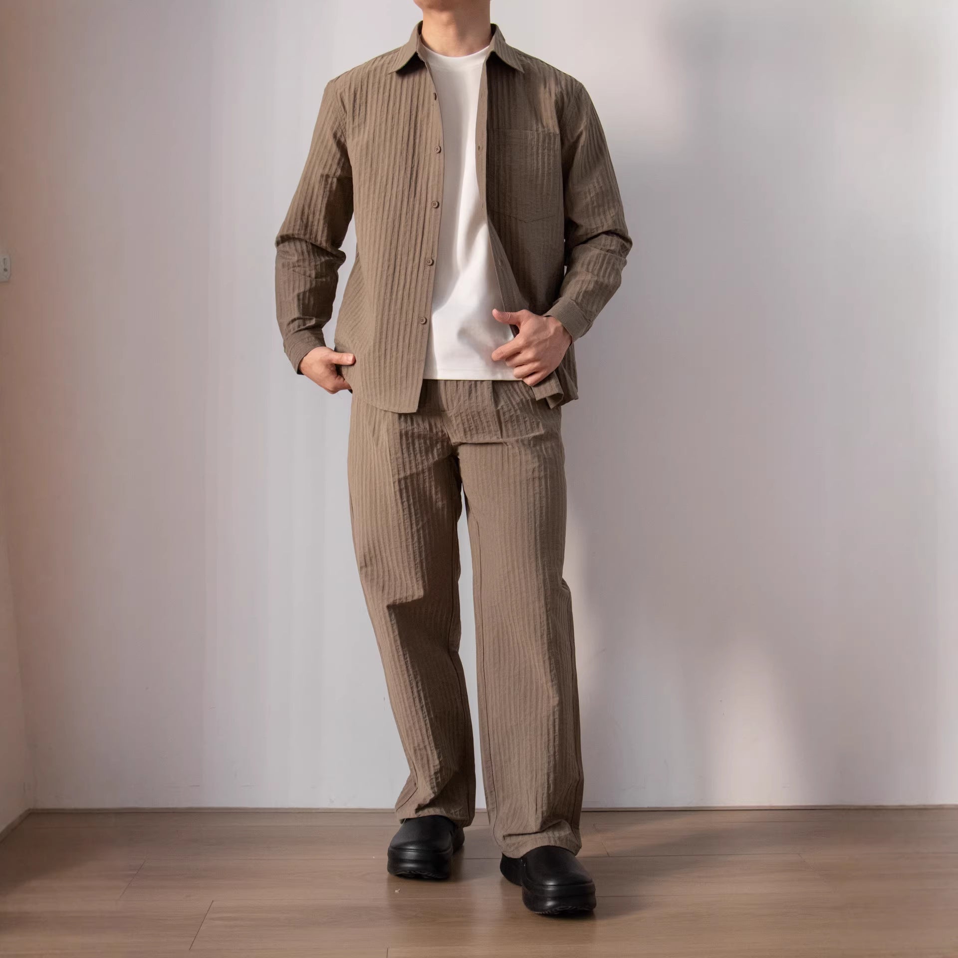 Japanese-style Wood-grain Textured Shirt Set