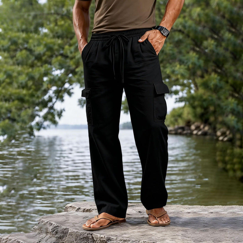 Drawstring Elastic Waist Straight-leg Solid-color Casual Mid-length Pants