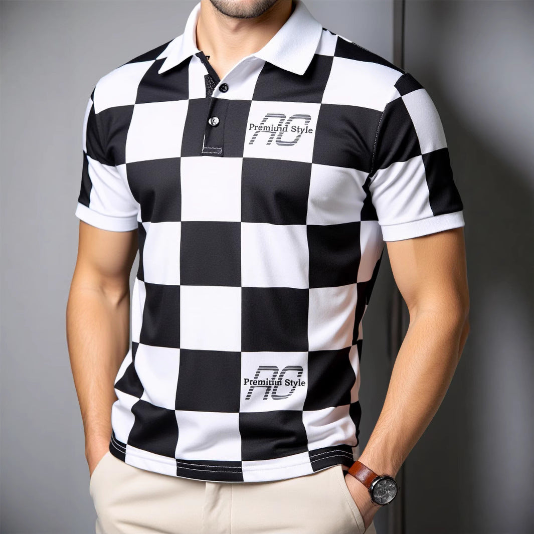Checkered Short-Sleeve Letter-Printed Casual Fashion T-Shirt
