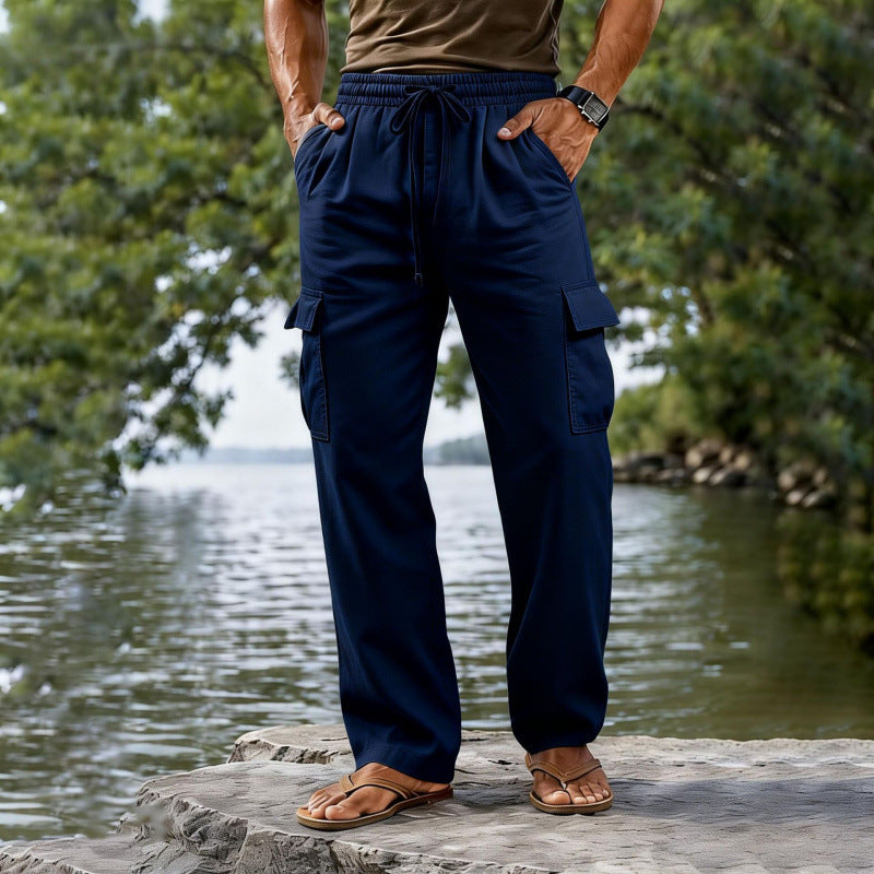 Drawstring Elastic Waist Straight-leg Solid-color Casual Mid-length Pants
