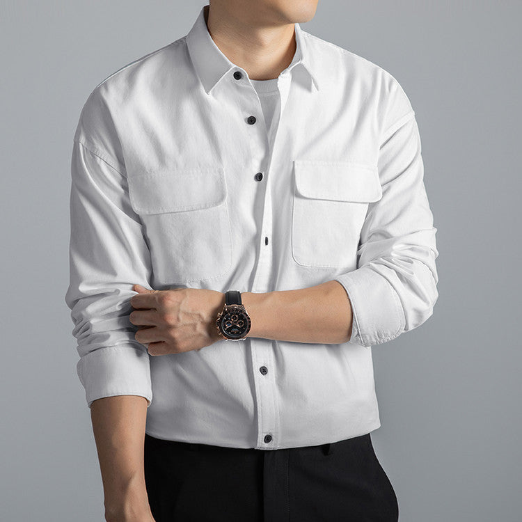 Men's Cotton Long-Sleeve Workwear Shirt – Japanese Vintage Style, Plus Size